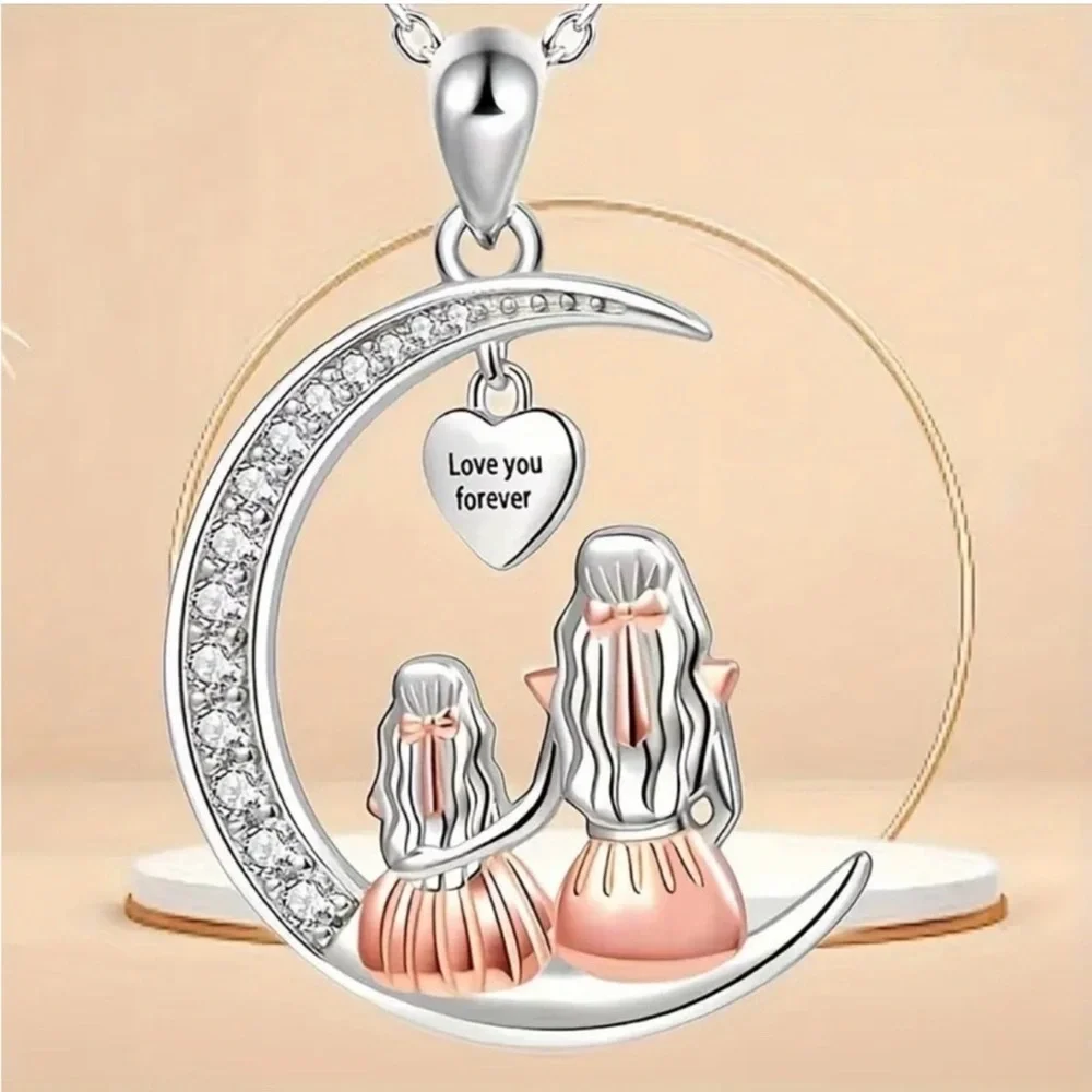 Mother & Daughter Crescent Moon Necklace “Love You Forever” Gift NWT
